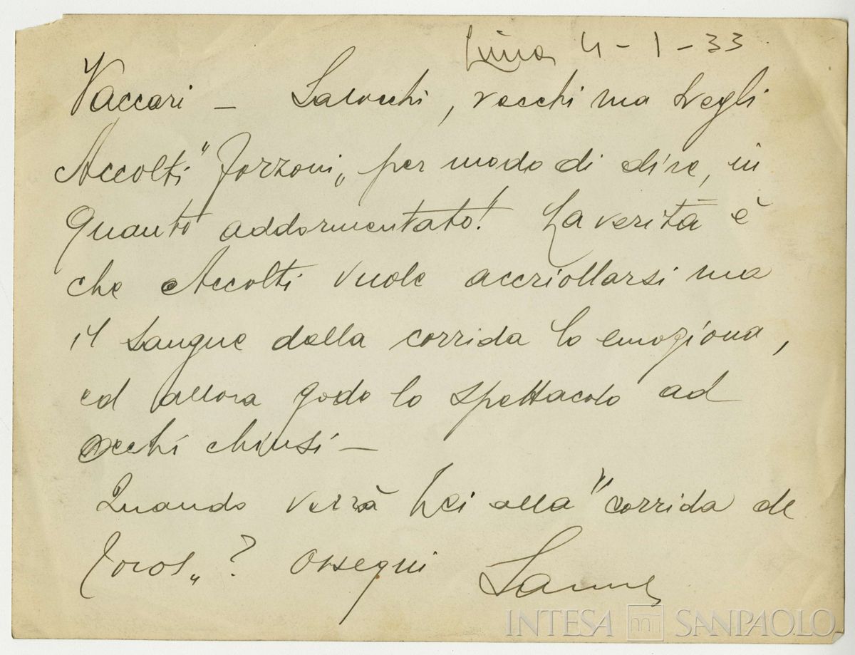 Gino Salocchi, Max Forzoni Accolti e uomo n.i. alla corrida di Lima, 04 gennaio 1933 (fotografo sconosciuto), verso