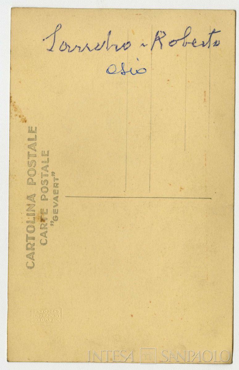 Osio Sandro e Roberto ritratti in studio fotografico, anni 1930 - 1940 (fotografo sconosciuto), verso