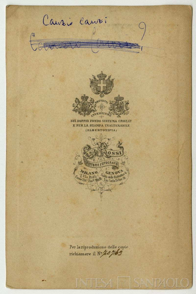 Antonio Battaglia, futuro suocero di Angela Canzi, ritratto in studio, 1860 circa (foto di Giulio Rossi, verso)