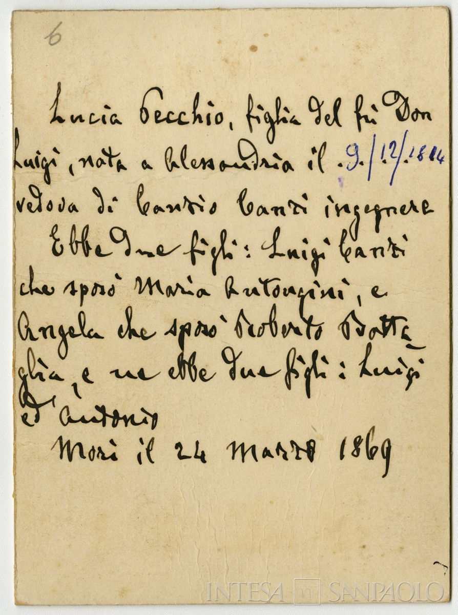 Lucia Orgero Canziani Pecchio, vedova di Canzio Canzi, ritratta in studio, 1864-1869 (fotografo sconosciuto, verso)