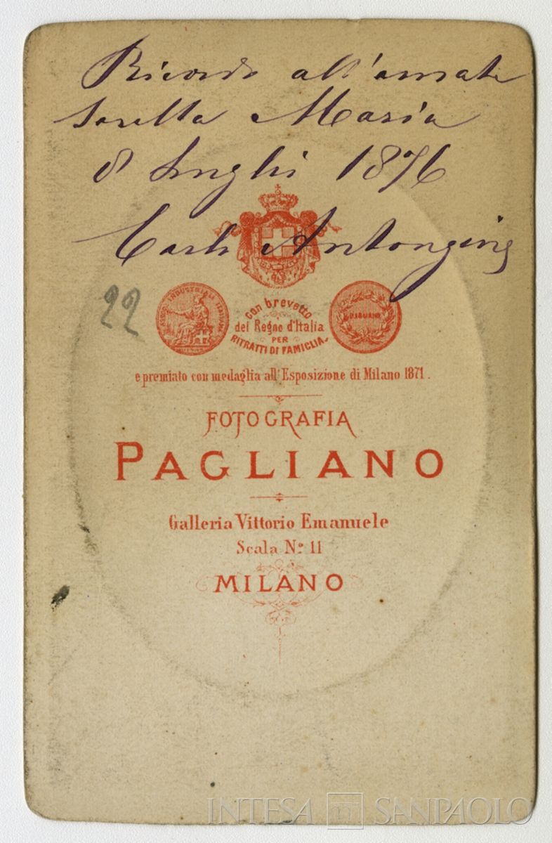 Carlo Antongini, cognato di Luigi Canzi, 1876 (foto di Leonida Pagliano, verso)