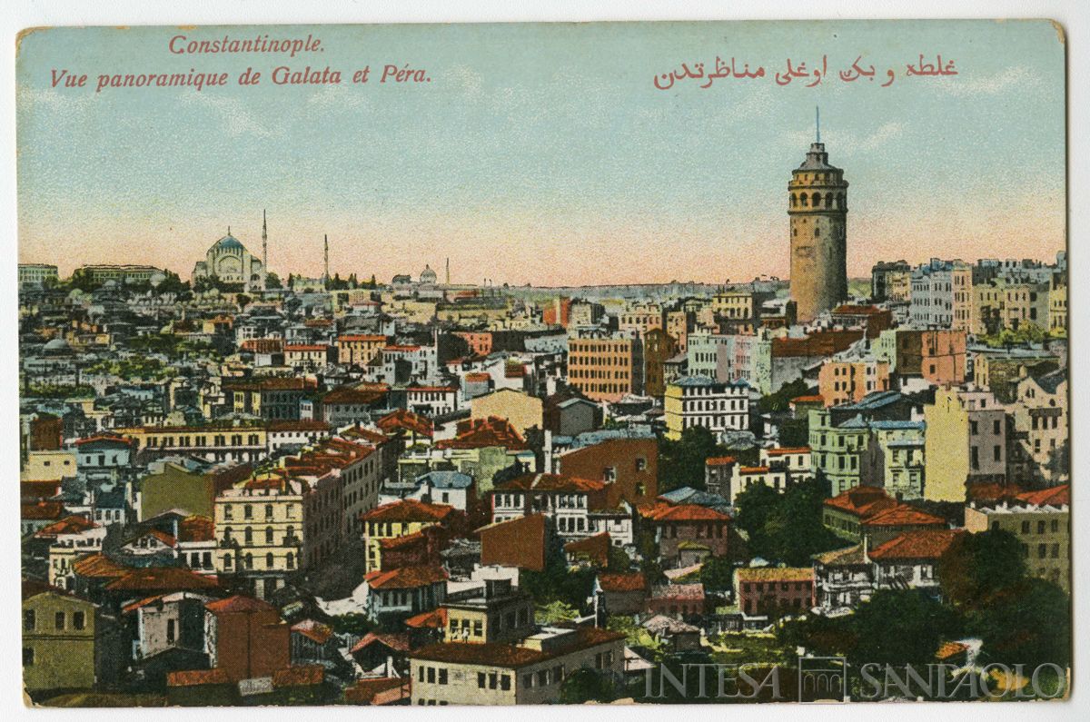 Costantinopoli con la torre di Galata e il quartiere di Pera, ultimo quarto 1800 - 1926 (edizione MJC - Moïse Jsraelowitz Constantinople Éditeur)
