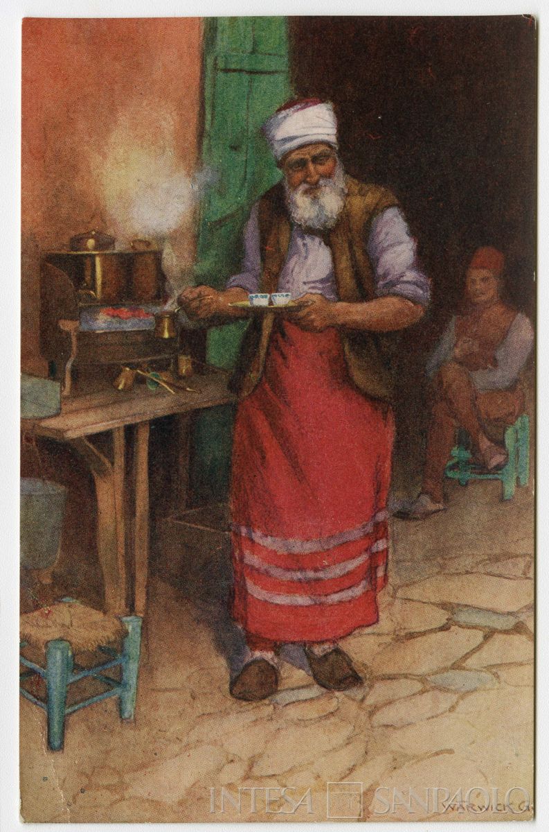 Preparazione del caffè turco in strada, ultimo quarto 1800 - 1926 (edizione E. F. Rochat)