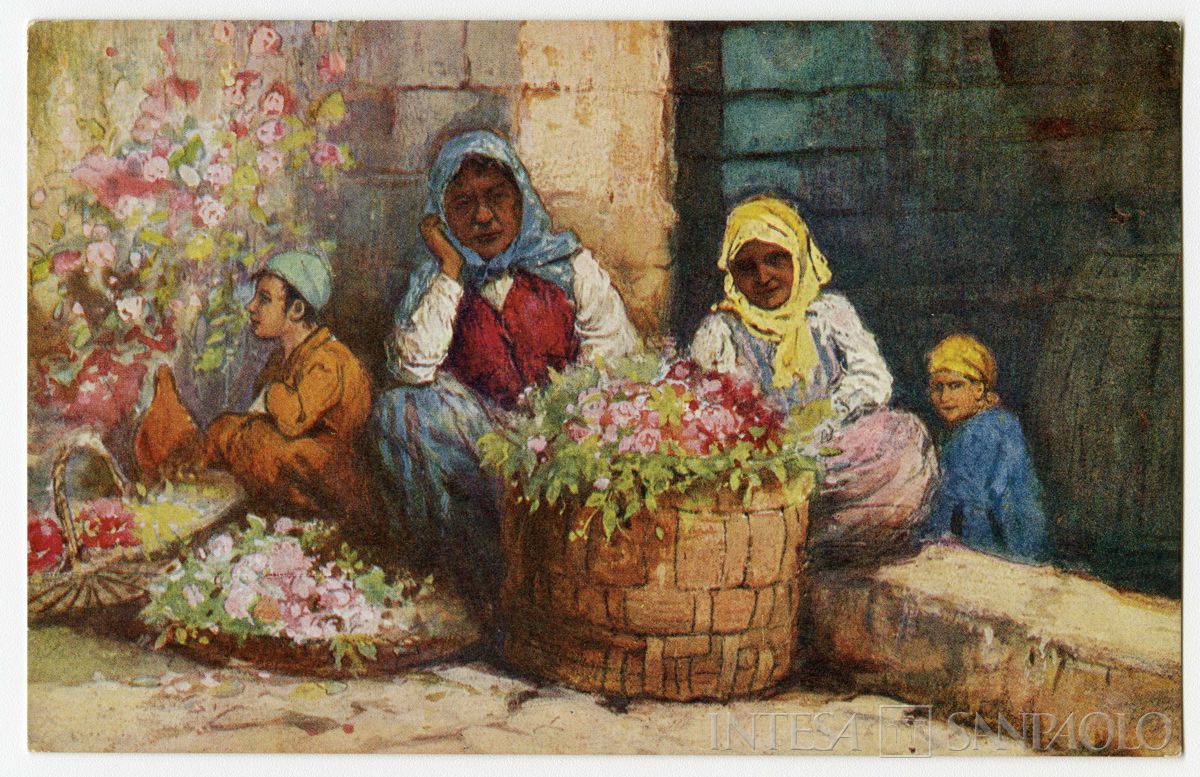 Venditrici di fiori a Costantinopoli, ultimo quarto 1800 - 1926 (edizione E. F. Rochat, illustrazione Goble Warwick)