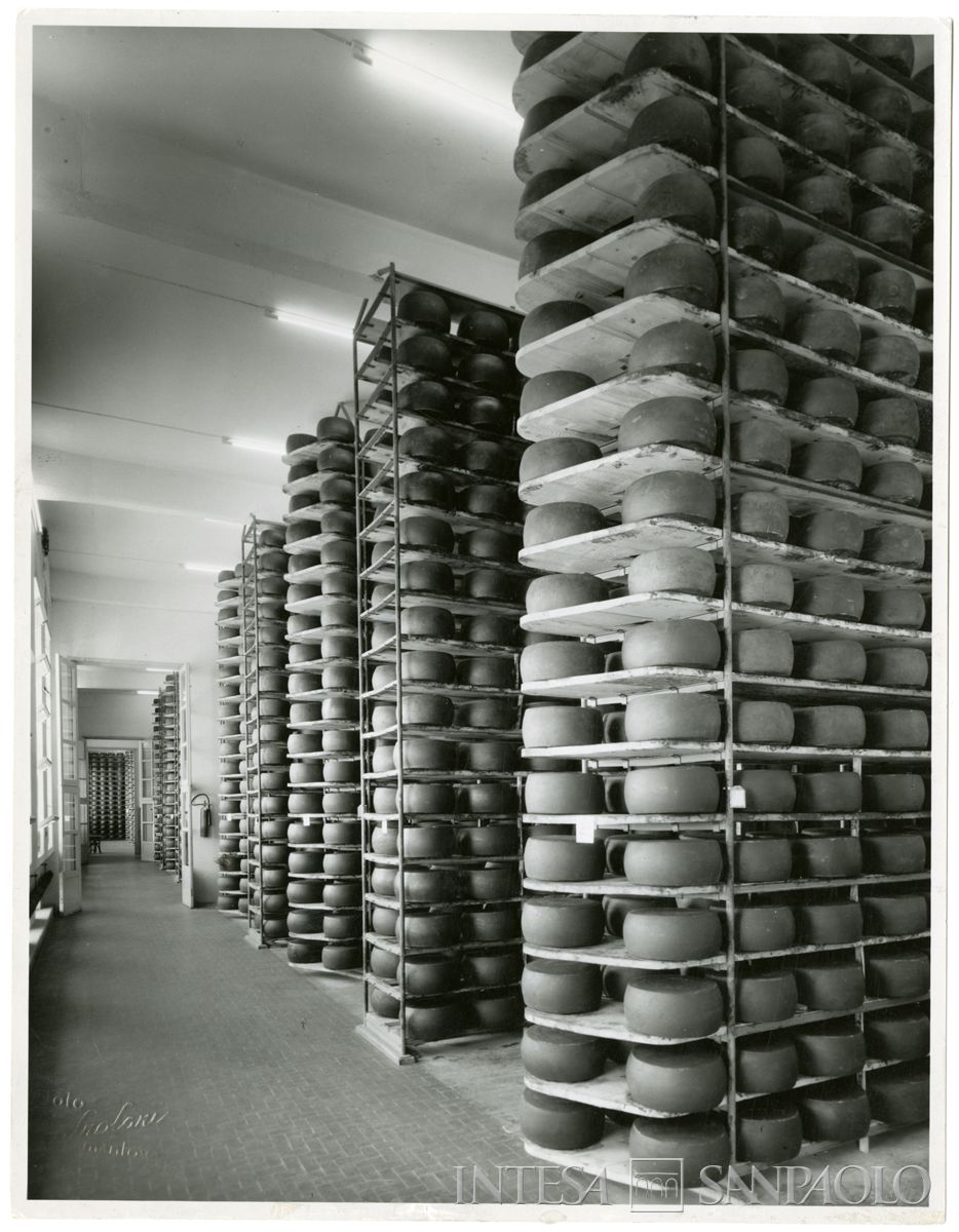 Immobiliare Caseifici Sociali, Mantova: interno del magazzino adibito alla conservazione del formaggio grana, 1961 - 1963 (foto Calzolari)