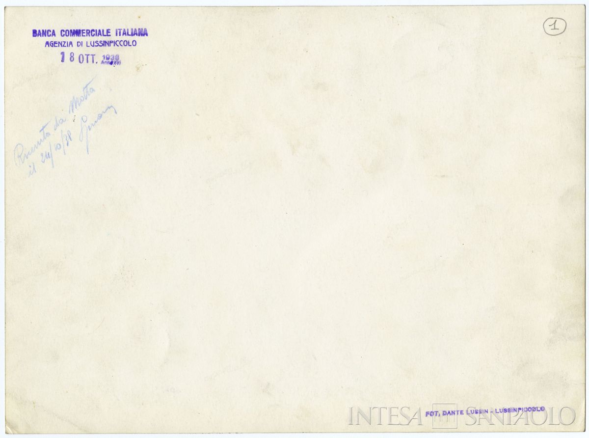 BCI, Lussinpiccolo: filiale di Riva IV Novembre 194, 18 ottobre 1938, verso (foto di Dante Lussin)