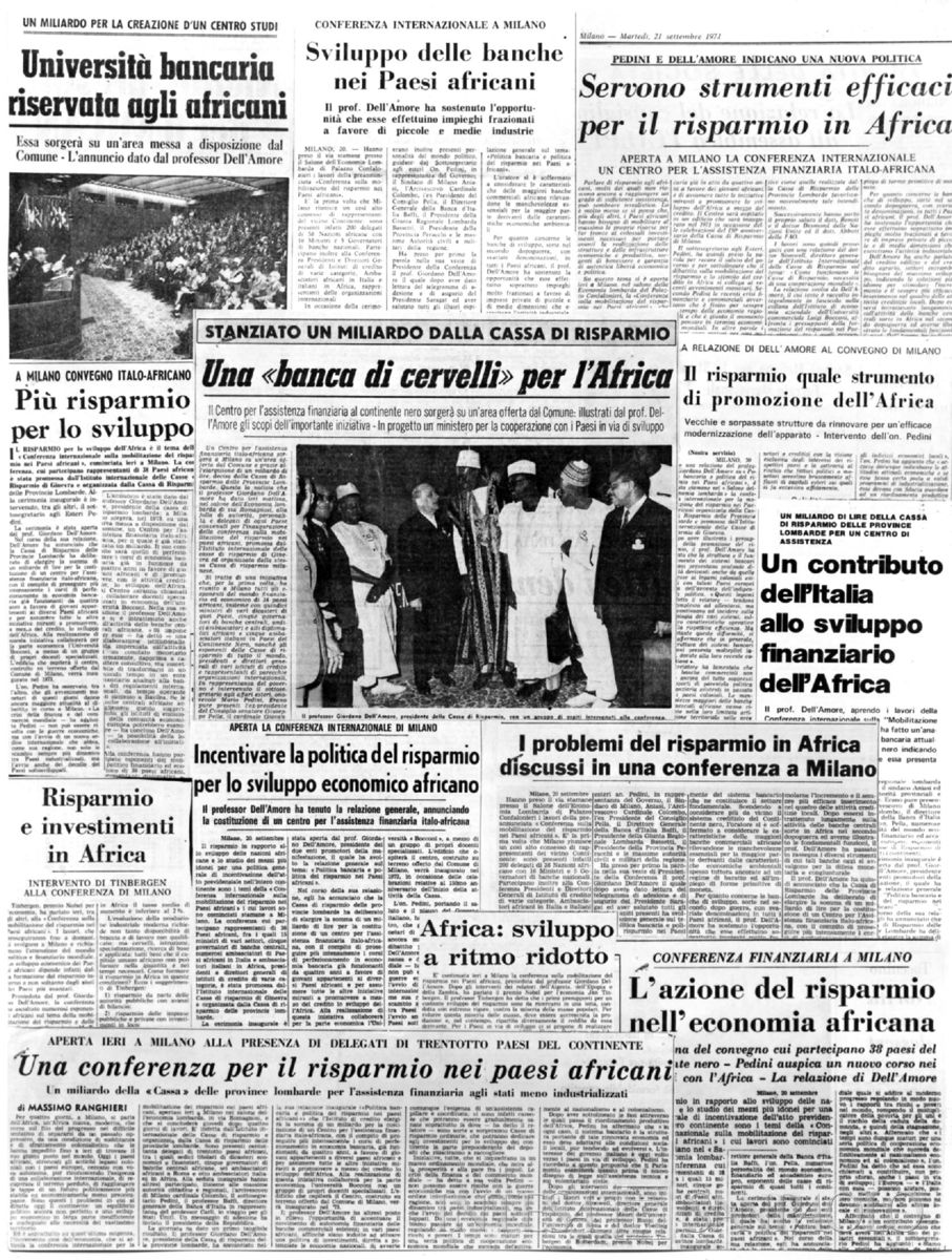 Riproduzione fotografica di collage con ritagli stampa di articoli in merito alla Conferenza sulla mobilitazione del risparmio nei paesi africani, tenutasi tra il 20 e il 23 settembre 1971 a Milano, presso il Centro Congressi di Palazzo Confalonieri (Elle2)