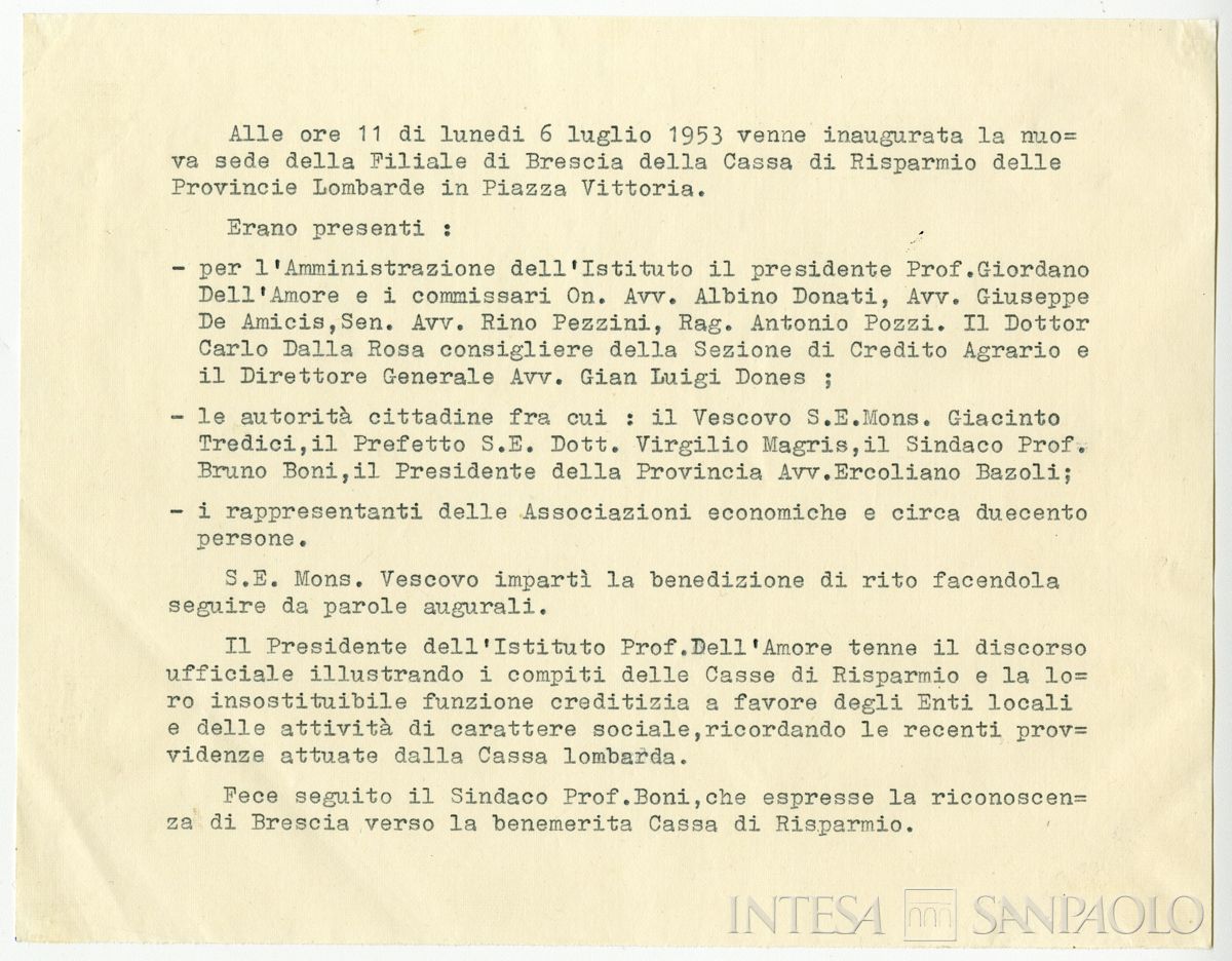 Inaugurazione della filiale Cariplo di Brescia, allegato, 06 - 07 luglio 1953