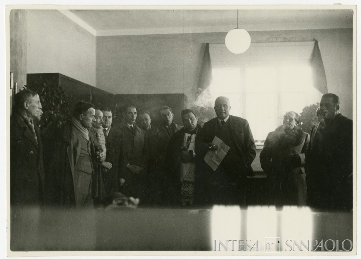 Intervento del presidente Stefano Jacini all'inaugurazione della filiale Cariplo di Moglia, 10 gennaio 1947 (fotografo sconosciuto)