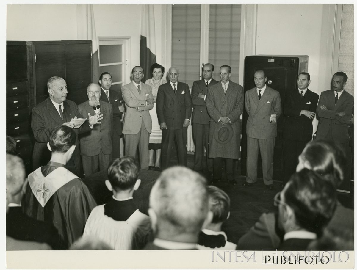 Intervento del presidente Stefano Jacini all'inaugurazione della filiale Cariplo di S. Maria della Versa, 17 ottobre 1948 (Publifoto)