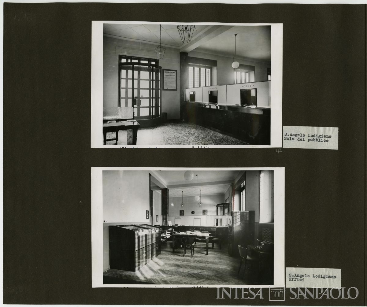 Cariplo, interni della filiale di Sant'Angelo Lodigiano, 1940 [datazione sull'album errata] (fotografo sconosciuto)