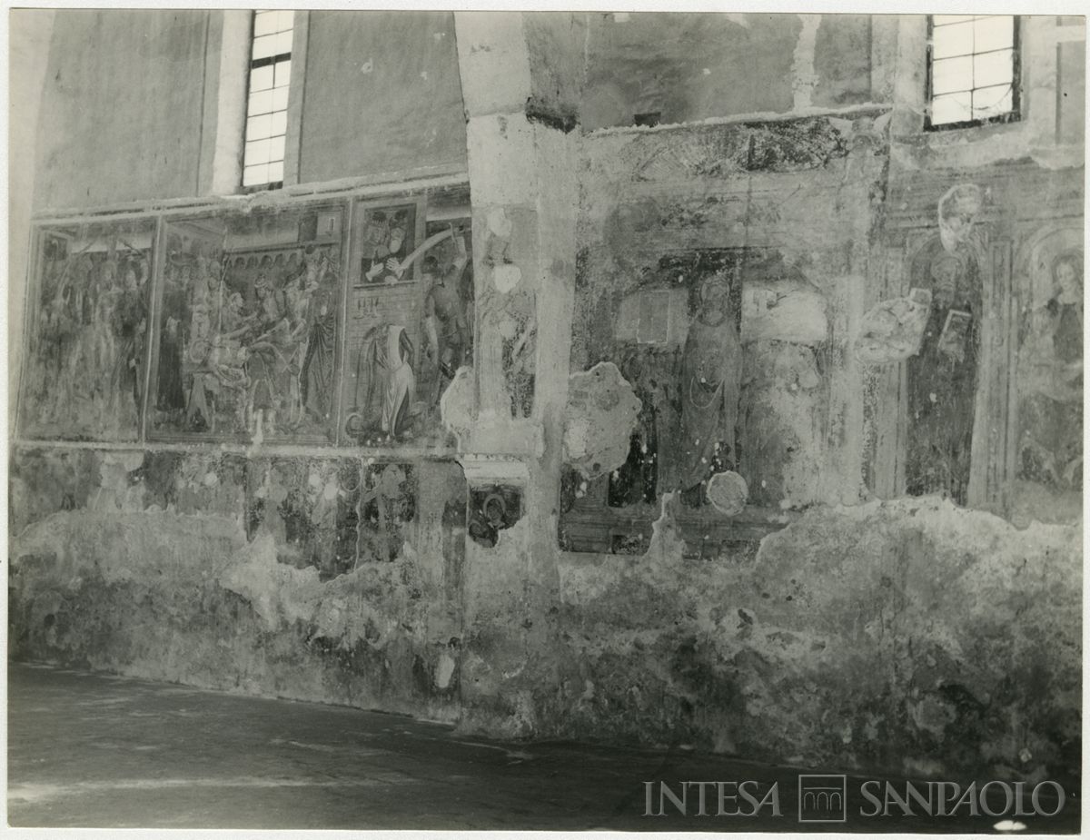 Albino, Chiesa di San Bartolomeo: affreschi raffiguranti il Martirio di San Bartolomeo, la Deposizione della Croce, Santi e Sant'Orsola, durante il restauro, 1962-1964 (Foto Breda)