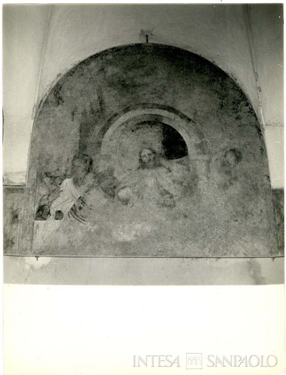Brescia, Chiesa del Santissimo Corpo di Cristo: lunetta centrale dell'affresco de L'ultima Cena del Romanino raffigurante al centro Gesù con fianco degli apostoli, 1963 (Foto Studio Mirino)