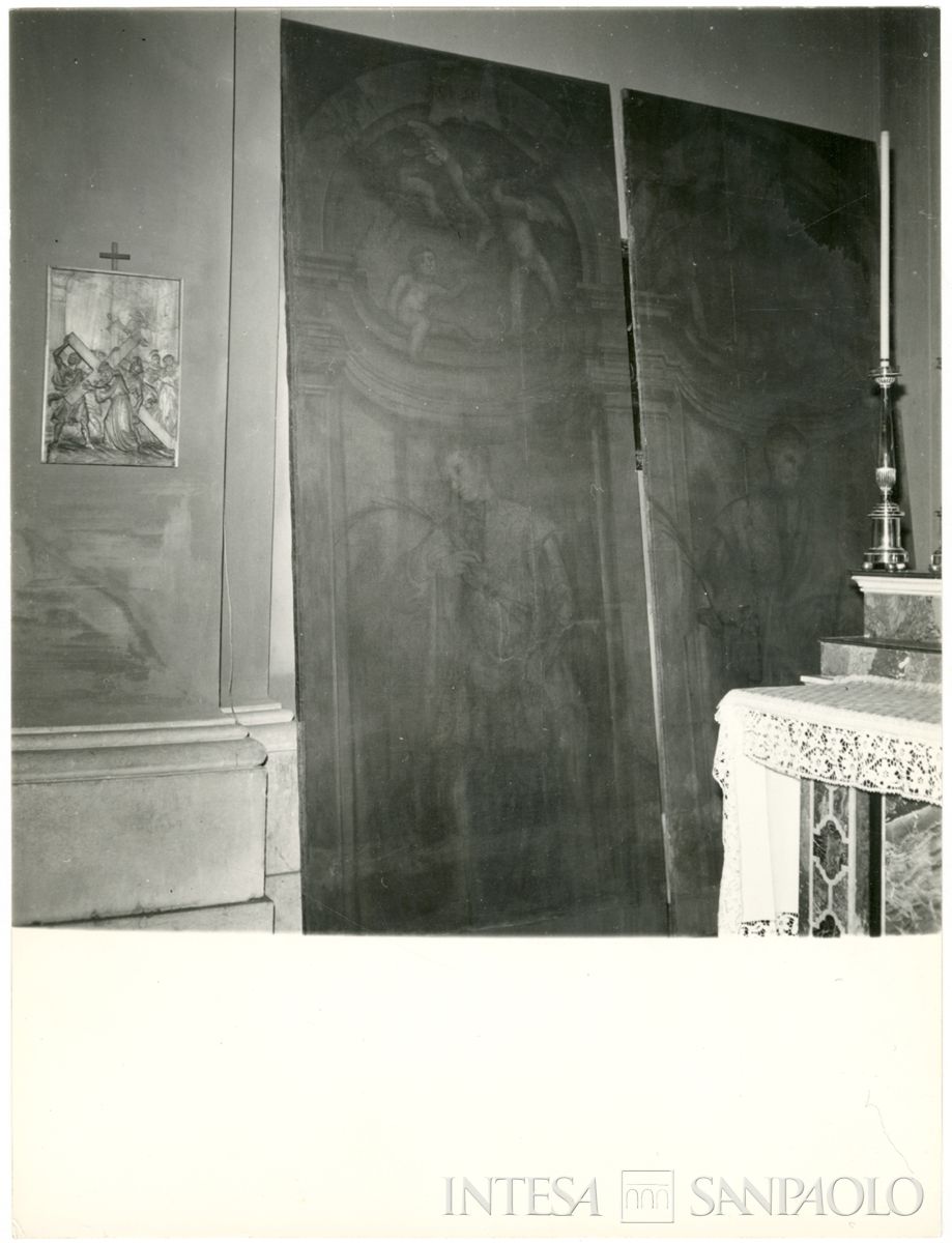 Brescia, Parrocchia dei Santi Nazaro e Celso: scorcio delle ante istoriate del Moretto, con a destra San Nazaro e a sinistra San Celso, 1963 (Foto Studio Mirino)