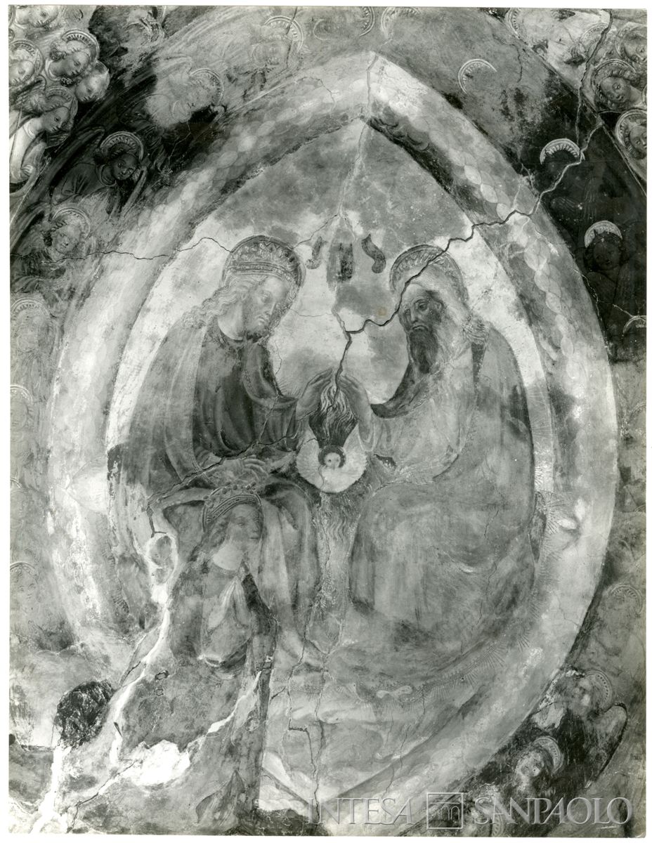 Casatenovo Brianza, Oratorio di Santa Margherita: particolare dell'affresco nel catino absidale raffigurante la Trinità con l'incoronazione della Vergine all'interno di una mandorla, 1962-1964 (foto di Davide Clari)