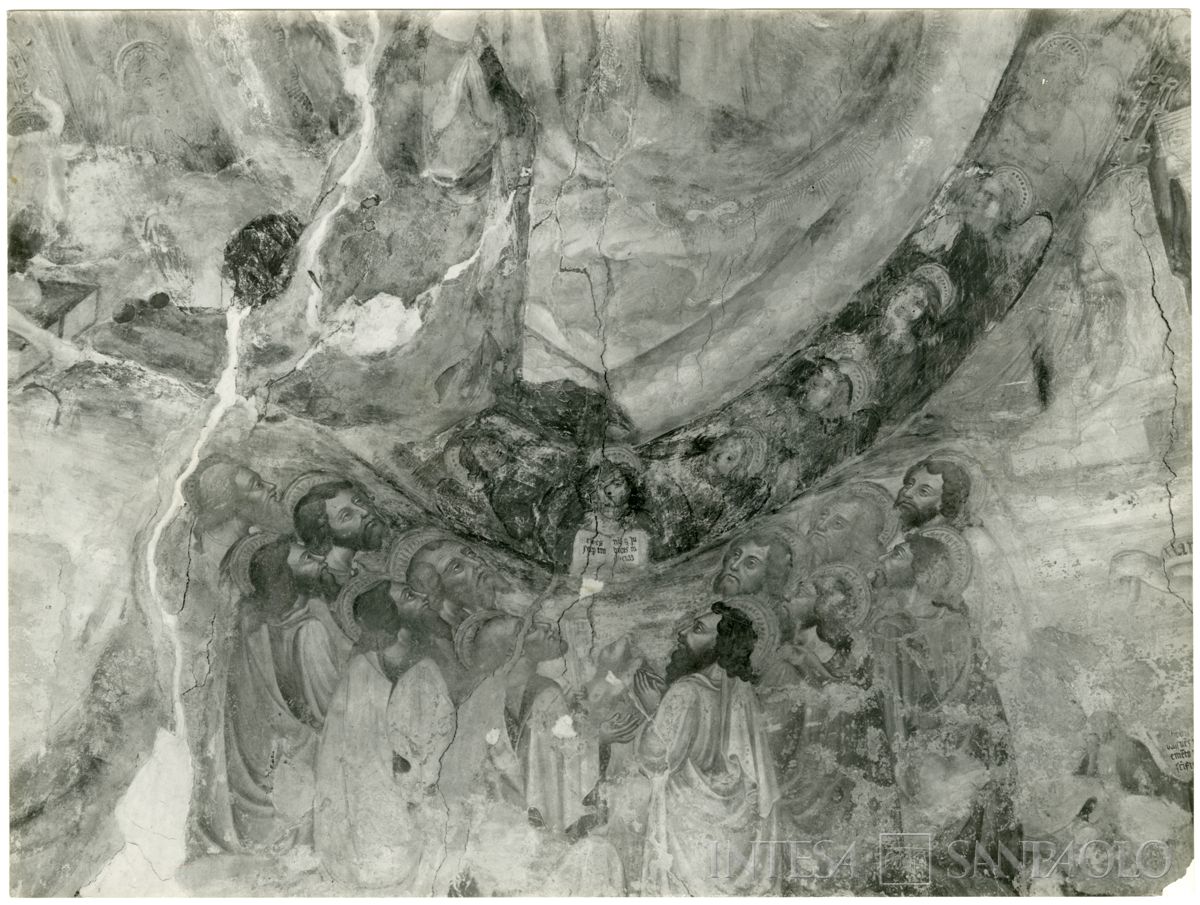 Casatenovo Brianza, Oratorio di Santa Margherita: particolare dell'affresco nel catino absidale raffigurante gli Apostoli posti sotto la mandorla con la Trinità, 1962-1964 (foto di Davide Clari)