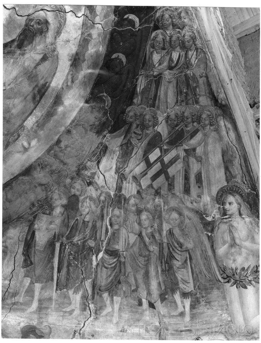 Casatenovo Brianza, Oratorio di Santa Margherita: particolare dell'affresco nel catino absidale raffigurante cori di angeli con Eva posti a destra della mandorla con la Trinità, 1962-1964 (foto di Davide Clari)