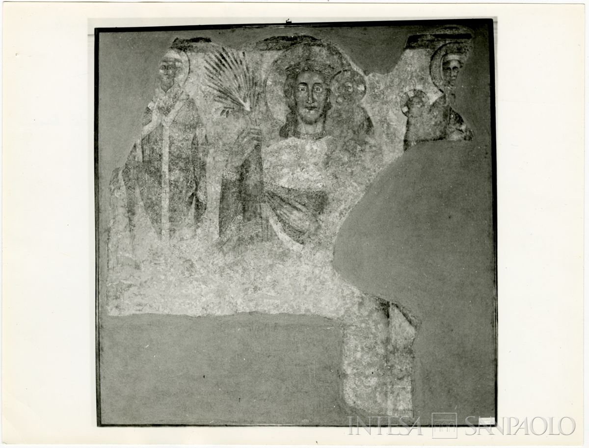 Cusino, Chiesa di San Giovanni Battista: stacco murario di San Cristoforo con il Bambino sulla spalla e altri santi, 1962