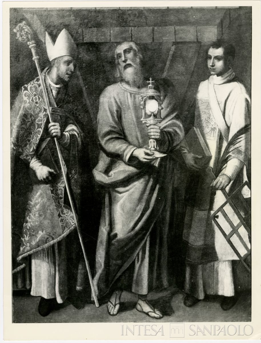 Iseo, Pieve di Sant'Andrea: dipinto di autore ignoto I santi Andrea Apostolo, Virgilio e Lorenzo dopo il restauro, 1963