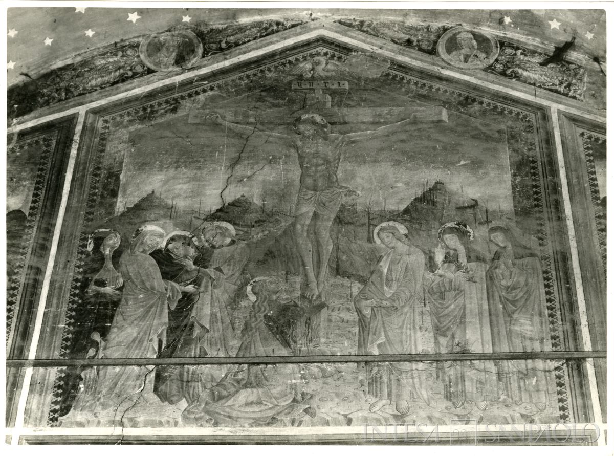 Martinengo, Ex Monastero di Santa Chiara: particolare dell'affresco raffigurante la Crocifissione prima del restauro, settembre 1963 (Foto Wells)