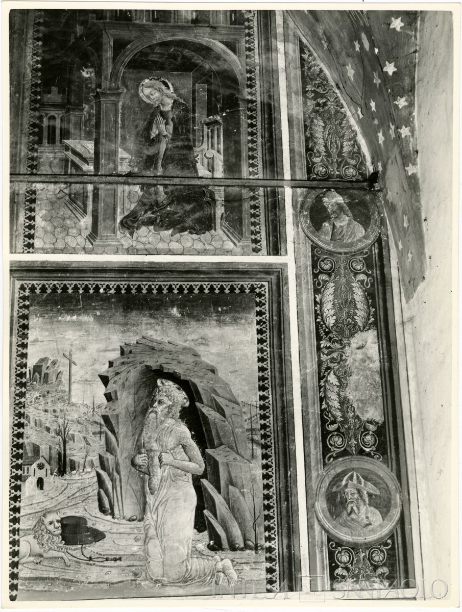 Martinengo, Ex Monastero di Santa Chiara: parte destra dell'affresco prima del restauro con raffiguranti nel registro superiore la Madonna durante l'annunciazione e in quello inferiore San Girolamo, settembre 1963 (Foto Wells)