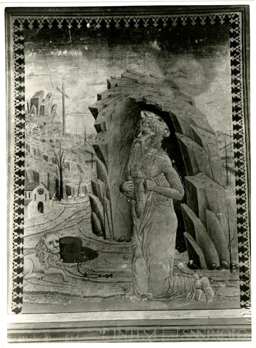 Martinengo, Ex Monastero di Santa Chiara: dettaglio dell'affresco raffigurante San Girolamo prima del restauro, settembre 1963 (Foto Wells)