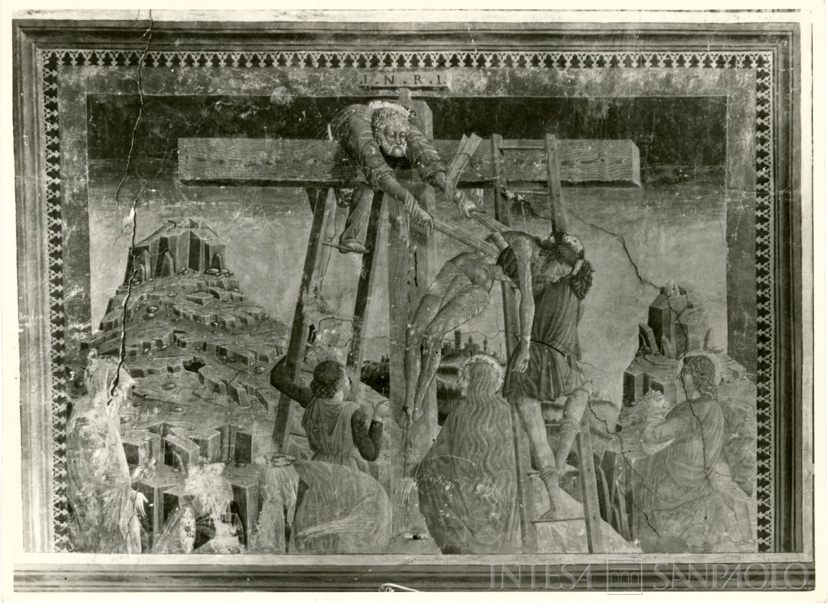 Martinengo, Ex Monastero di Santa Chiara: dettaglio dell'affresco con la deposizione dalla Croce prima del restauro, settembre 1963 (Foto Wells)