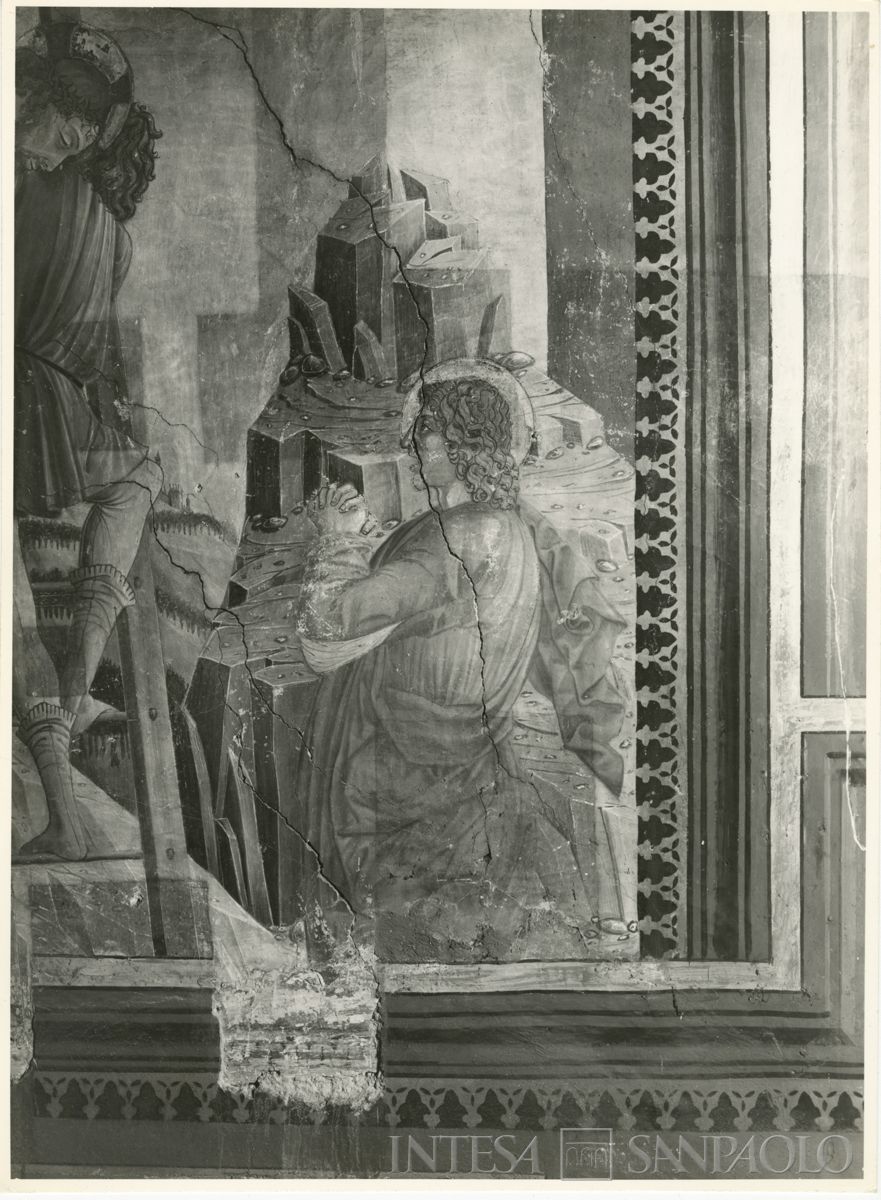 Martinengo, Ex Monastero di Santa Chiara: particolare in basso a destra della Deposizione dalla Croce prima del restauro, settembre 1963 (Foto Wells)