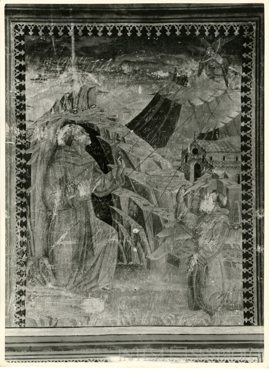 Martinengo, Ex Monastero di Santa Chiara: dettaglio dell'affresco raffigurante San Francesco che riceve le stigmate prima del restauro, settembre 1963 (Foto Wells)