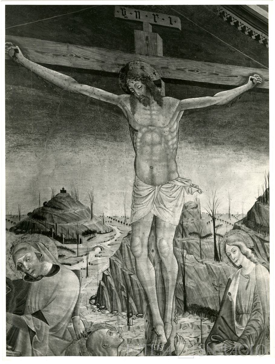 Martinengo, Ex Monastero di Santa Chiara: particolare raffigurante Gesù in croce nell'affresco della Crocifissione ripreso dopo il restauro, novembre 1963 (Foto Wells)