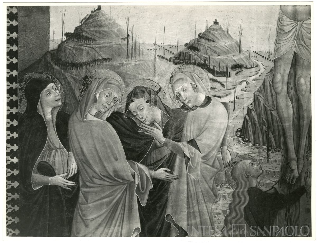 Martinengo, Ex Monastero di Santa Chiara: particolare dell'affresco della Crocifissione con Maria sofferente sorretta dalle donne dopo il restauro, novembre 1963 (Foto Wells)