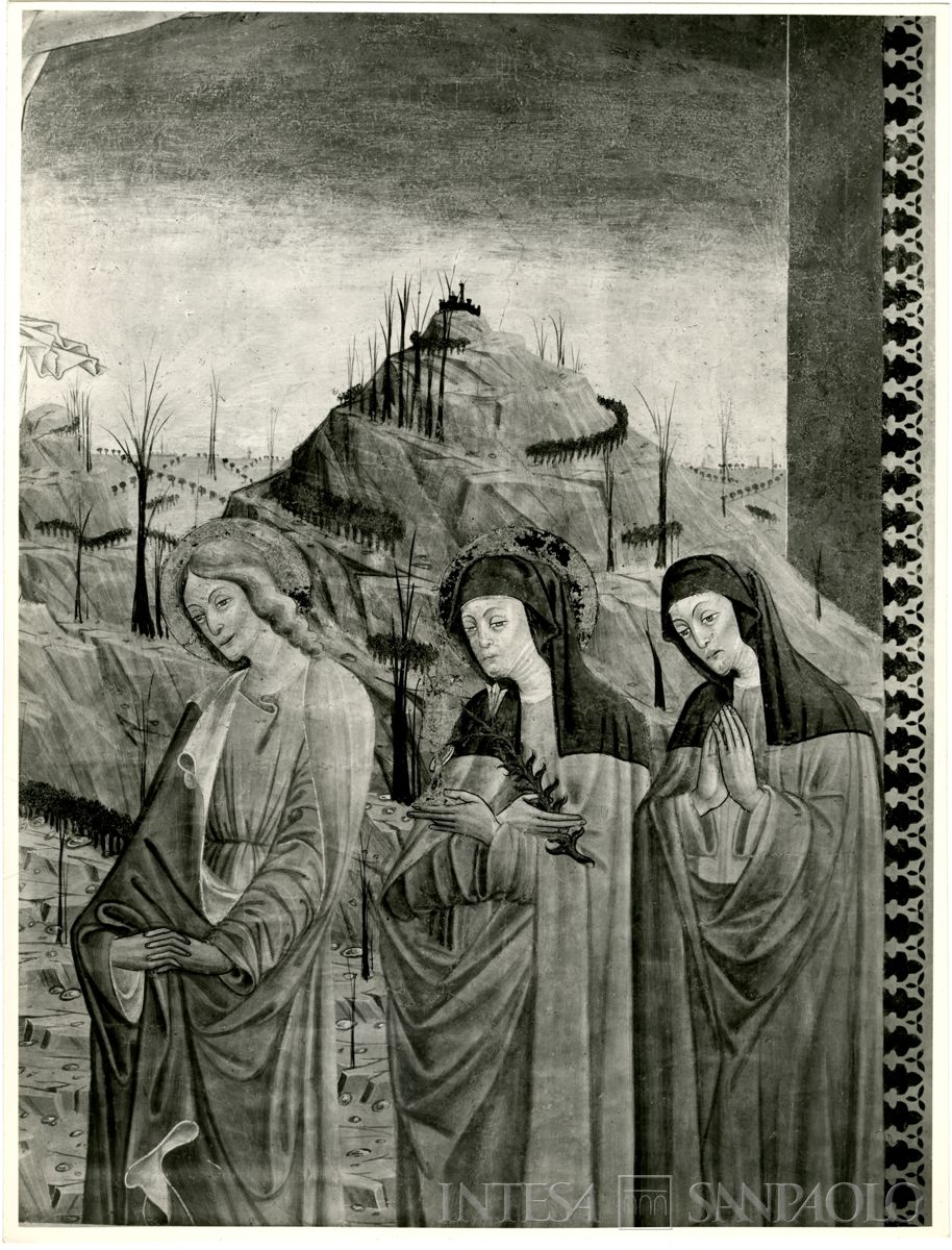 Martinengo, Ex Monastero di Santa Chiara: particolare dopo il restauro dell'affresco della Crocifissione con donne che pregano, novembre 1963 (Foto Wells)