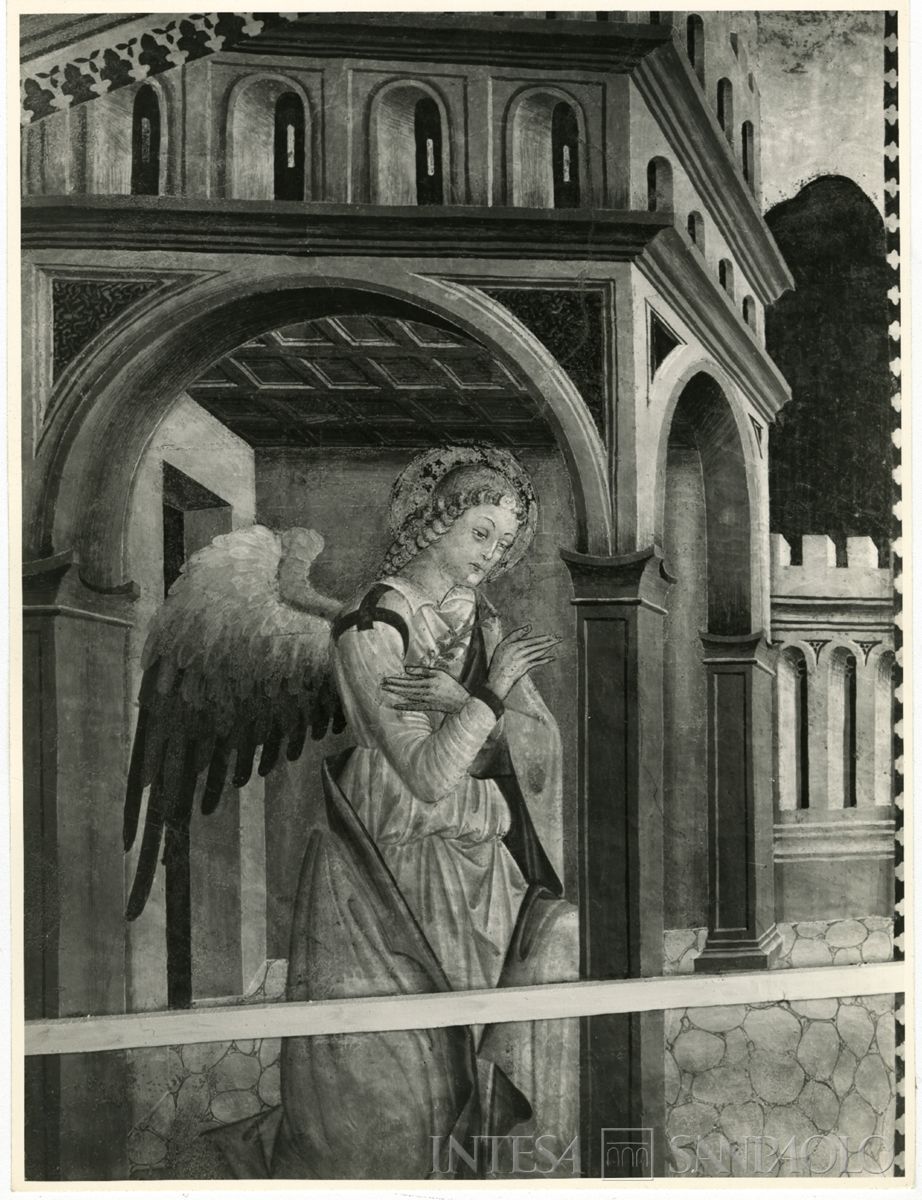 Martinengo, Ex Monastero di Santa Chiara: particolare dell'affresco con l'Arcangelo Gabriele dopo il restauro, novembre 1963 (Foto Wells)