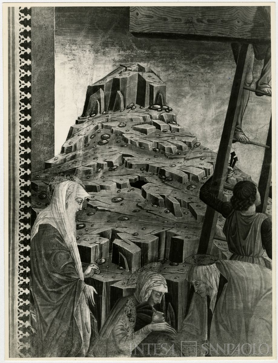 Martinengo, Ex Monastero di Santa Chiara: particolare dell'affresco raffigurante la Deposizione di Cristo dalla Croce dopo il restauro, novembre 1963 (Foto Wells)