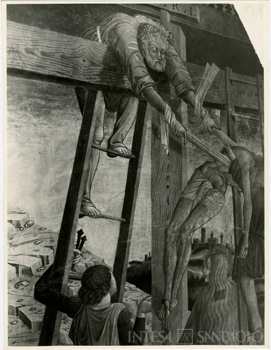 Martinengo, Ex Monastero di Santa Chiara: particolare dell'affresco raffigurante la Deposizione di Cristo dalla Croce dopo il restauro, novembre 1963 (Foto Wells)