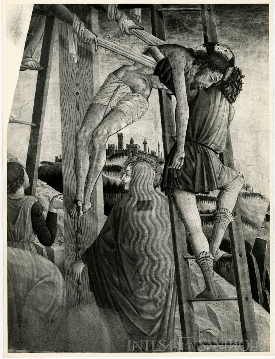 Martinengo, Ex Monastero di Santa Chiara: particolare dell'affresco raffigurante la Deposizione di Cristo dalla Croce dopo il restauro, novembre 1963 (Foto Wells)