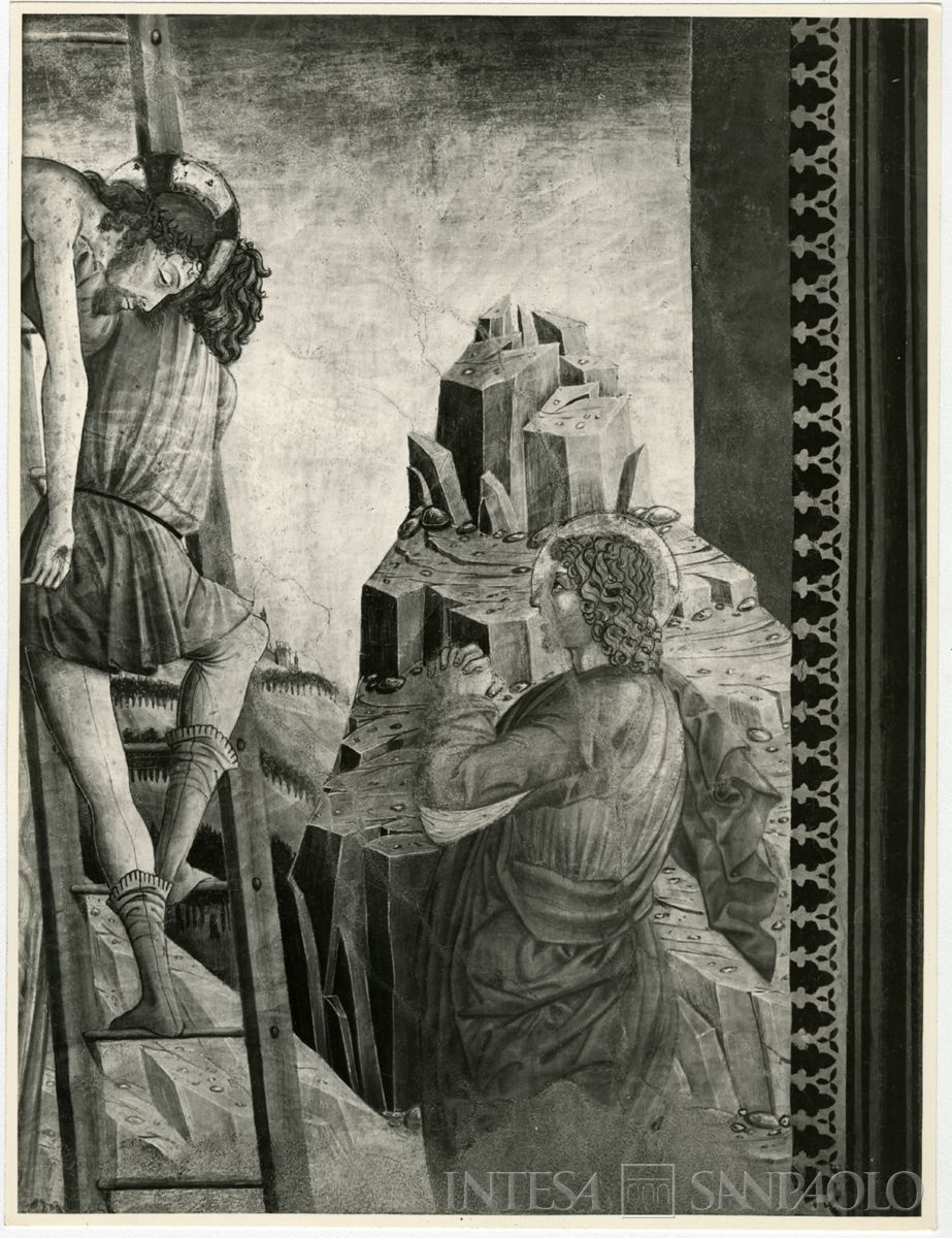 Martinengo, Ex Monastero di Santa Chiara: particolare dell'affresco raffigurante la Deposizione di Cristo dalla Croce dopo il restauro, novembre 1963 (Foto Wells)