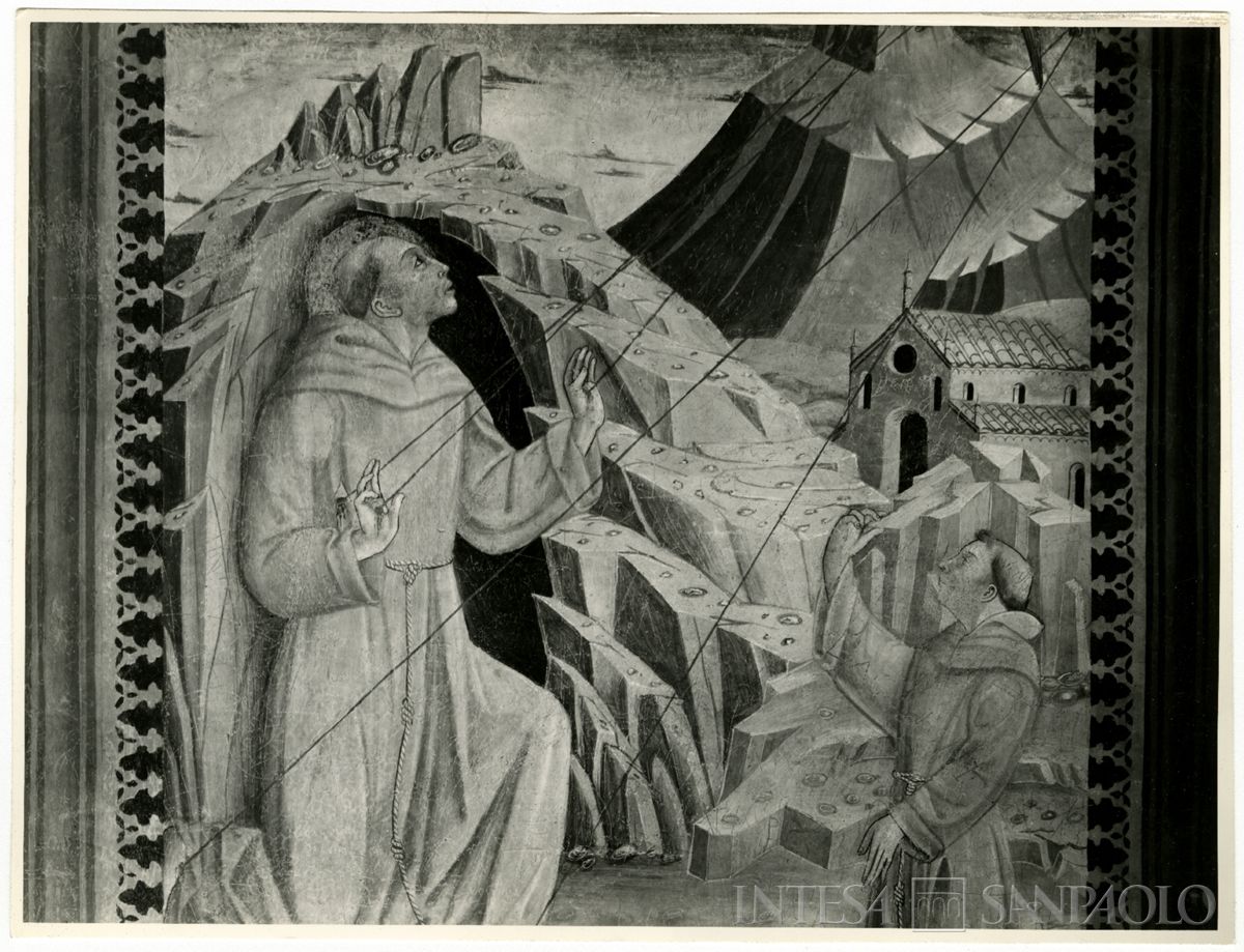 Martinengo, Ex Monastero di Santa Chiara: dettaglio dell'affresco con San Francesco che riceve le stigmate dopo il restauro, novembre 1963 (Foto Wells)