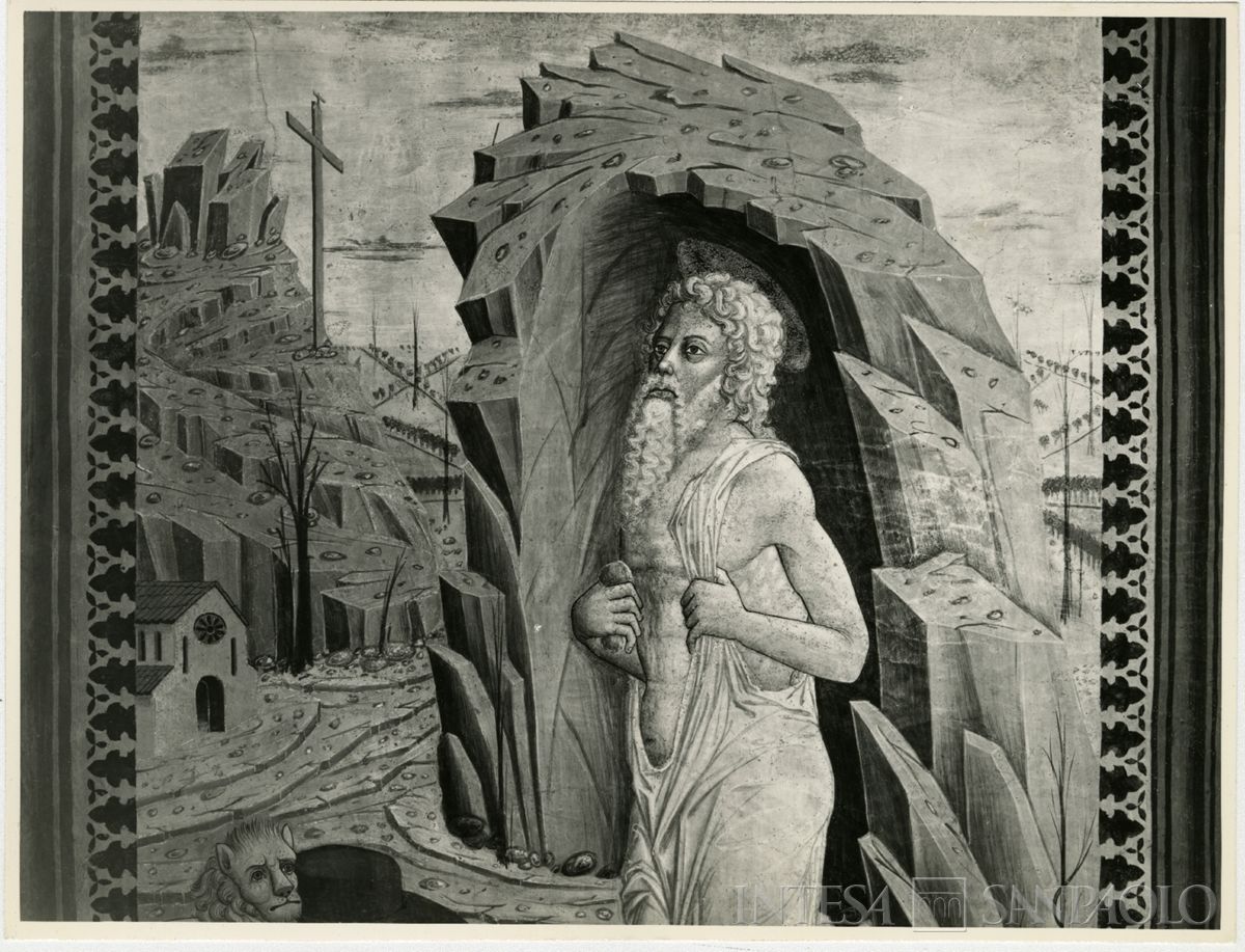 Martinengo, Ex Monastero di Santa Chiara: particolare dell'affresco raffigurante San Girolamo dopo il restauro, novembre 1963 (Foto Wells)