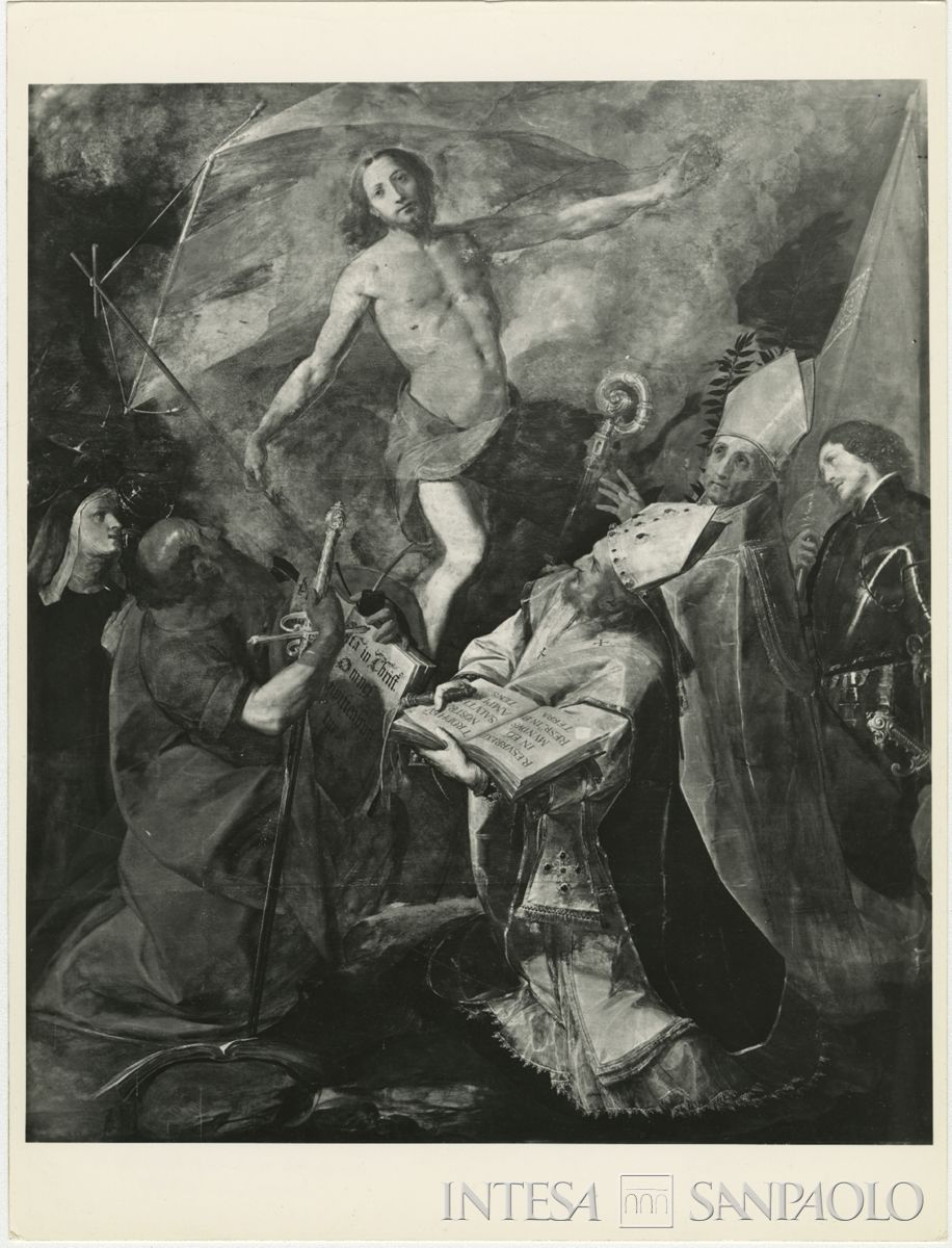 Meda, Chiesa di San Vittore: dipinto del Cerano Cristo risorto e santi prima del restauro, 1963-1964 (foto di Mario Perotti)