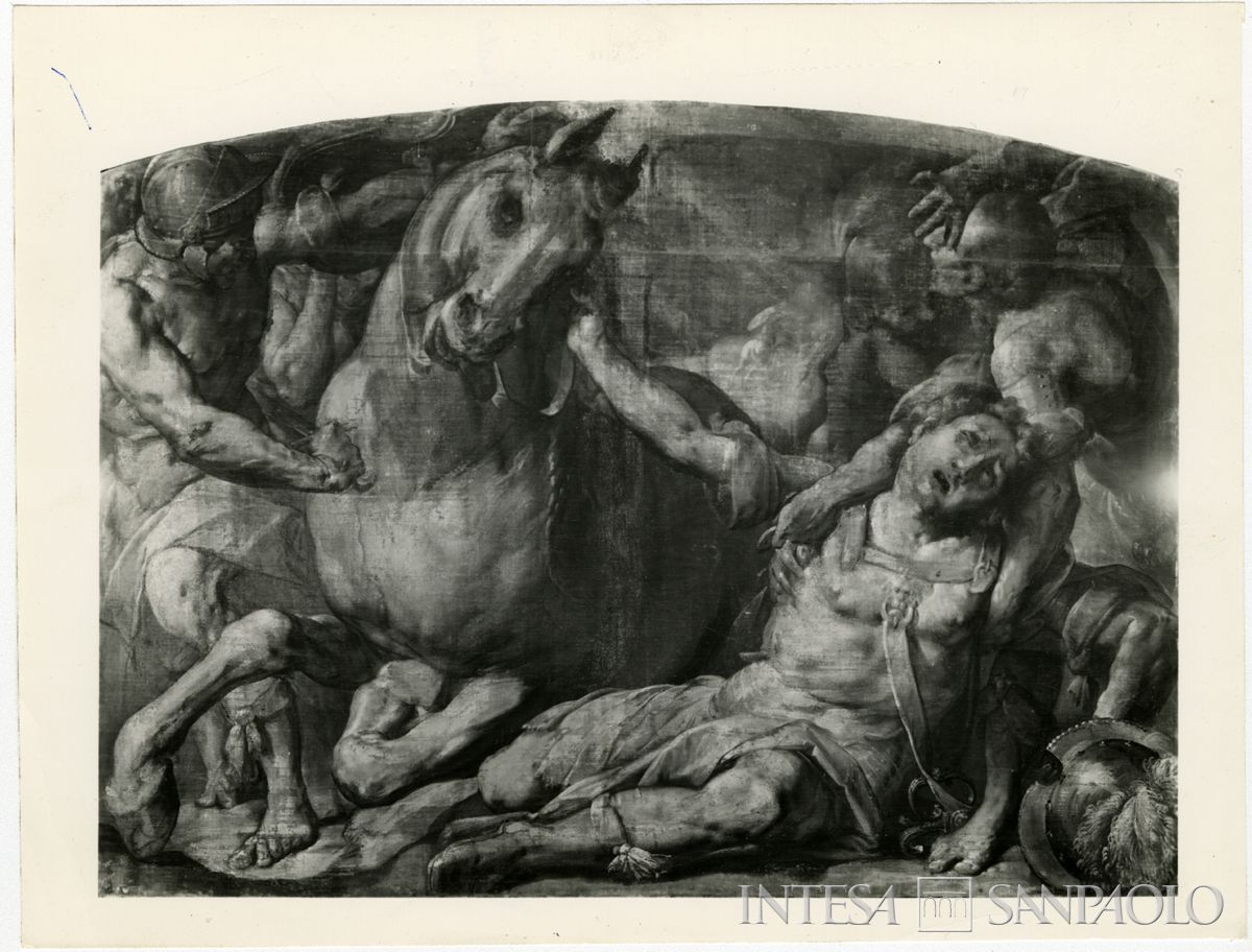 Milano, Galleria Arcivescovile: disegno preparatorio del Cerano dopo il restauro per il bassorilievo presente sulla facciata raffigurante la conversione di San Paolo, luglio 1964 (Foto Giovetti)