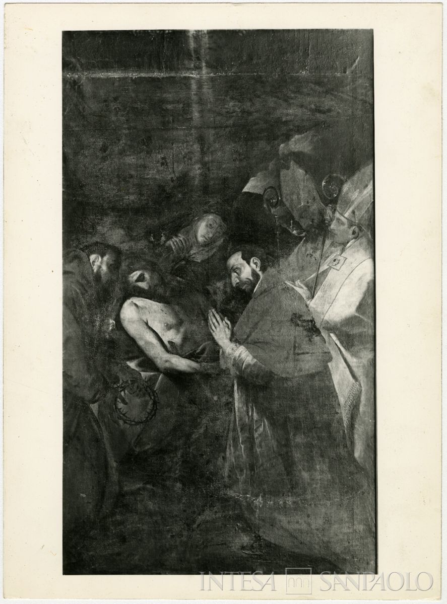 Milano, Basilica di Santo Stefano Maggiore: dipinto del Cerano Cristo morto adorato da San Carlo prima del restauro, 1963-1964 (foto di Mario Perotti)