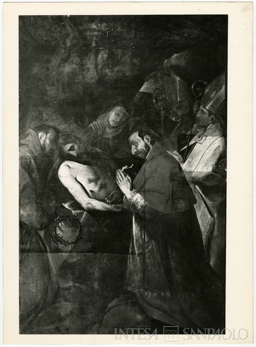 Milano, Basilica di Santo Stefano Maggiore: dipinto del Cerano Cristo morto adorato da San Carlo durante il restauro, 1963-1964 (foto di Mario Perotti)