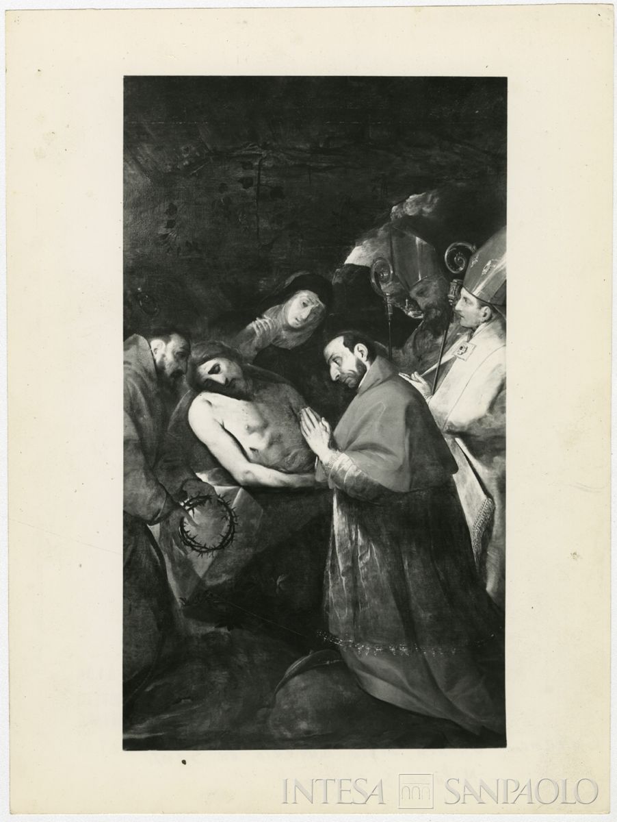 Milano, Basilica di Santo Stefano Maggiore: dipinto del Cerano Cristo morto adorato da San Carlo dopo il restauro, luglio 1964 (Foto Giovetti)