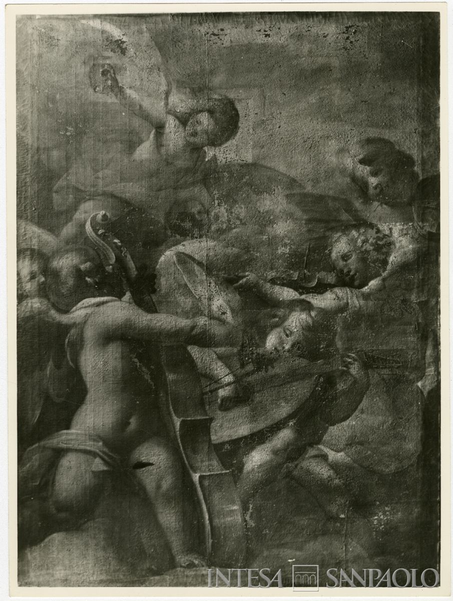 Orta San Giulio, Chiesa di Santa Maria Assunta: dipinto Gloria di sette angeli dei quali quattro musicanti attribuito al Morazzone prima del restauro, 1962-1964