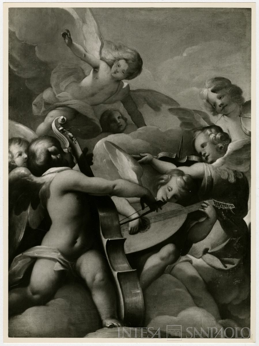 Orta San Giulio, Chiesa di Santa Maria Assunta: dipinto Gloria di sette angeli dei quali quattro musicanti attribuito al Morazzone dopo il restauro, 1962-1964