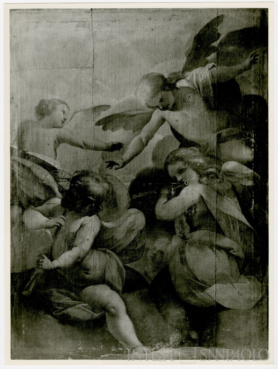 Orta San Giulio, Chiesa di Santa Maria Assunta: dipinto Gloria di cinque angeli di cui due musicanti attribuito al Morazzone prima del restauro, 1962-1964