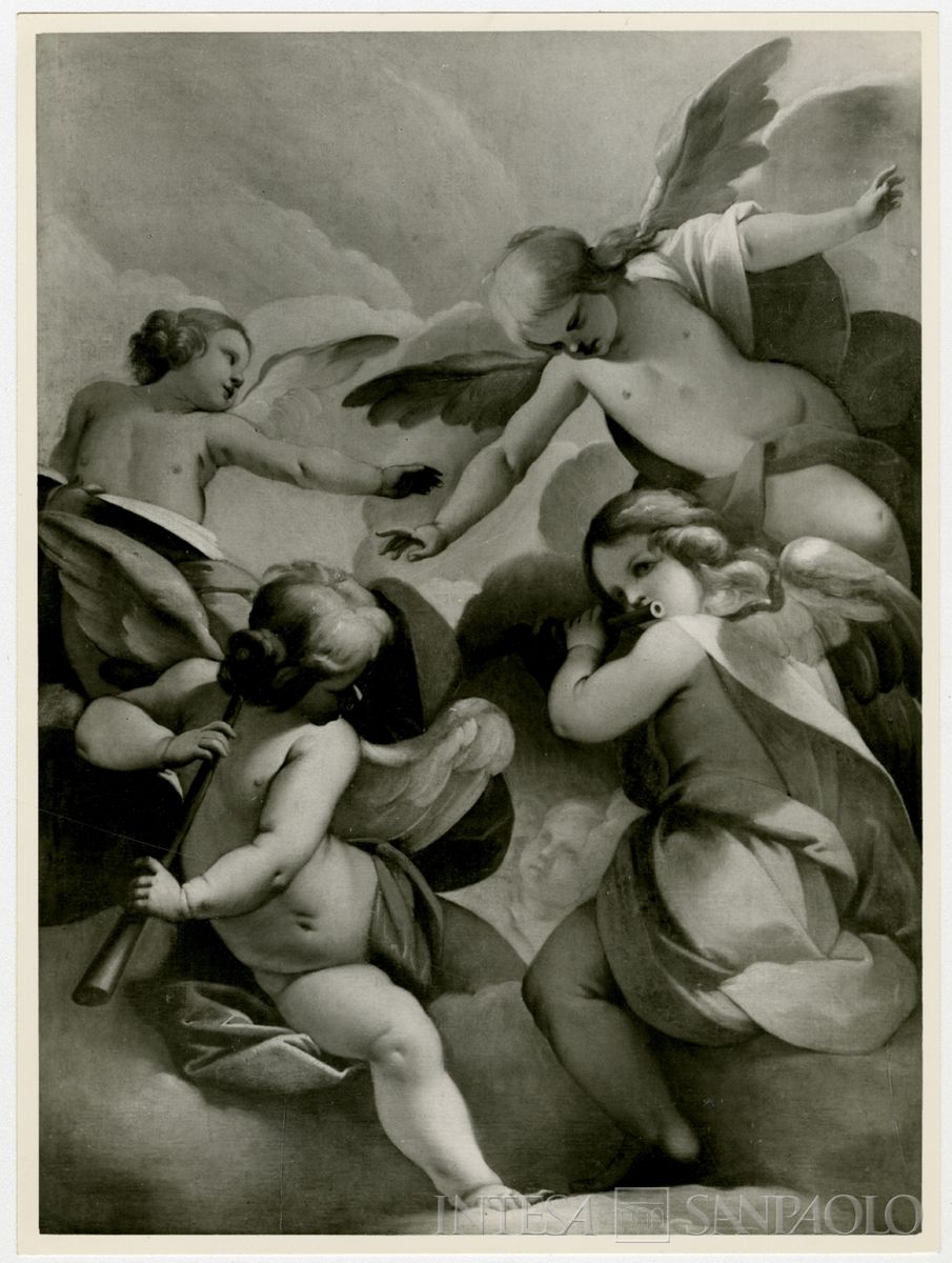 Orta San Giulio, Chiesa di Santa Maria Assunta: dipinto Gloria di cinque angeli di cui due musicanti attribuito al Morazzone dopo il restauro, 1962-1964