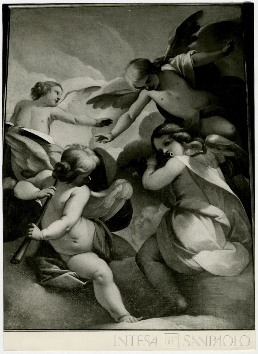 Orta San Giulio, Chiesa di Santa Maria Assunta: dipinto Gloria di cinque angeli di cui due musicanti attribuito al Morazzone dopo il restauro, 1962-1964