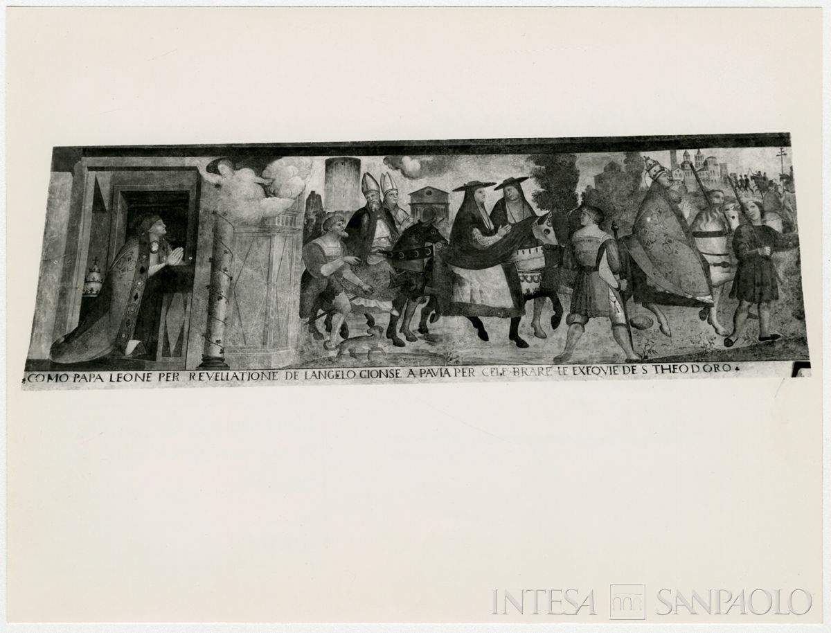 Pavia, Basilica di San Teodoro: affresco raffigurante il viaggio a Pavia di Papa Leone IV dopo la rivelazione dell'angelo a San Teodoro, 1962-1964 (Azienda Fotografica G. Chiolini)